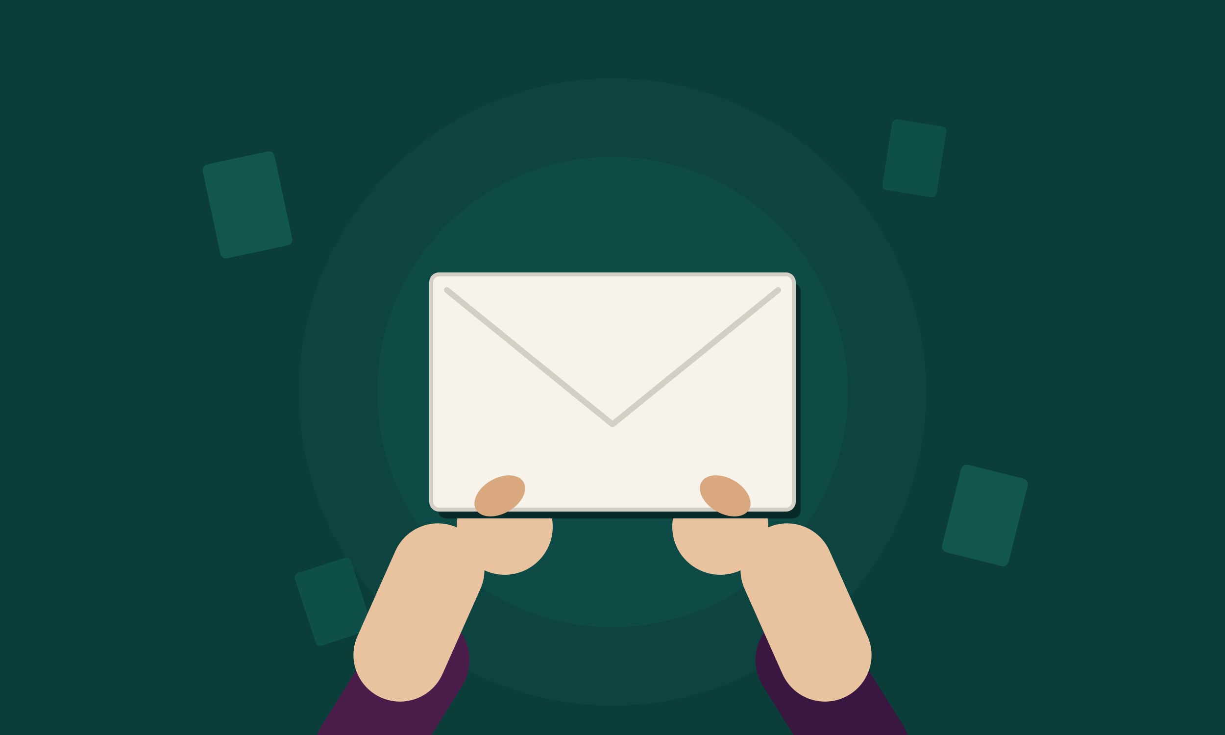 Two hands holding a blank white envelope against a dark teal background